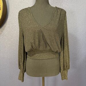 Boden Black with Metallic Gold Shimmer Cropped V-neck Sweater | Size 10